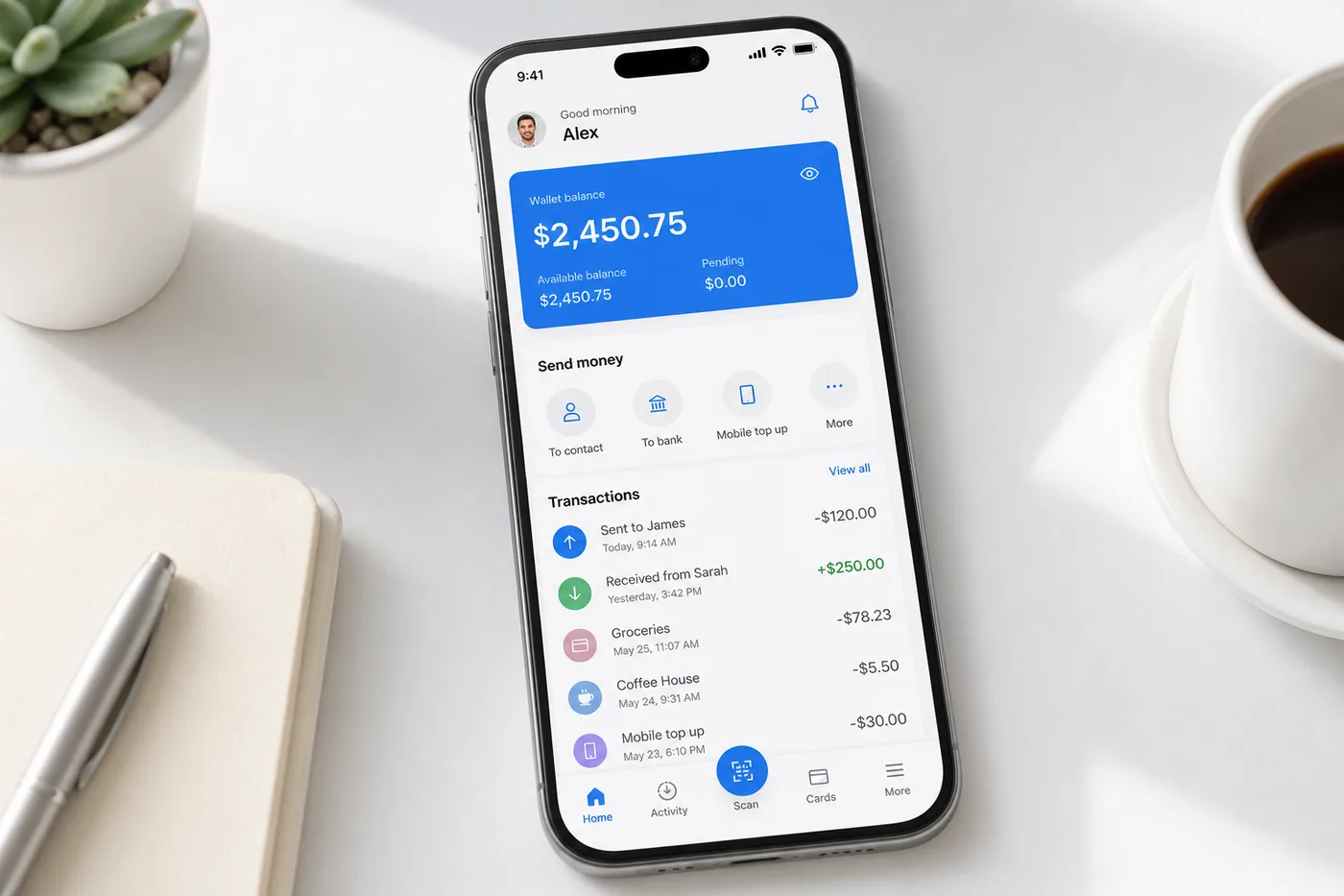 Digital wallet application with peer to peer transfers and balance management